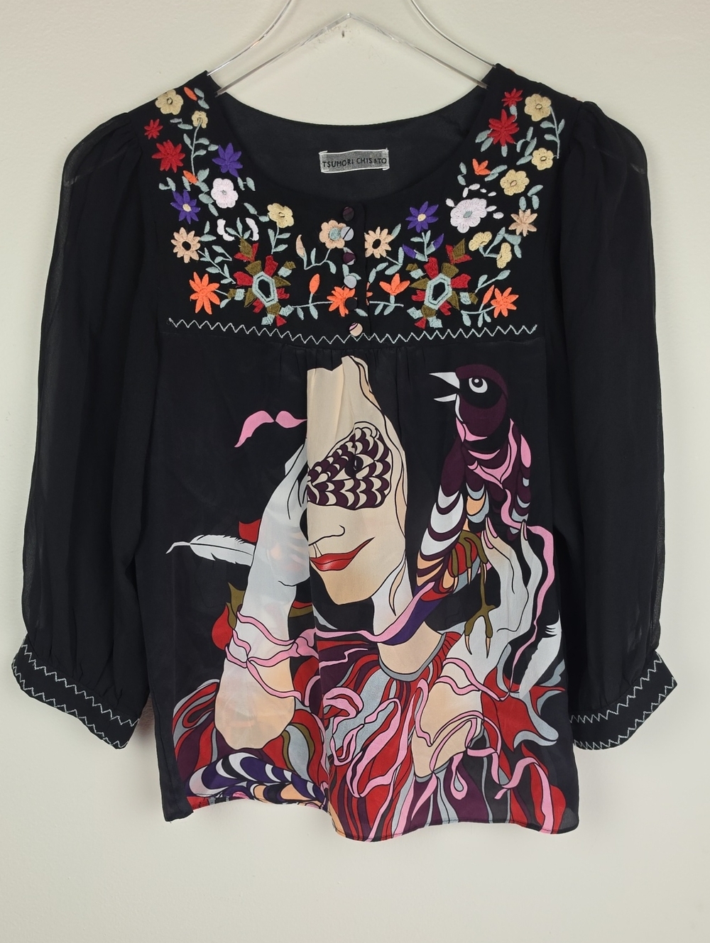 Tsumori Chisato 100% Silk Embroidered Art Print Blouse Size 2